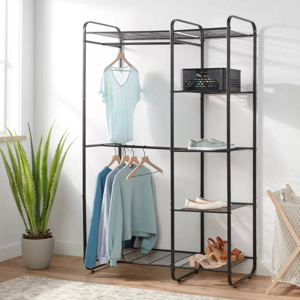 Freestanding Metal Clothes Stand with Shelves