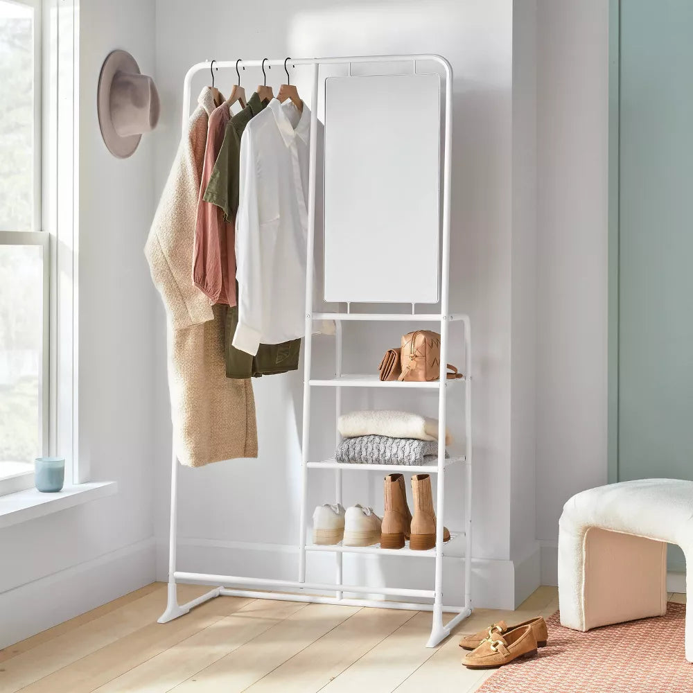 Metal Clothes Stand with Mirror and Storage Shelves