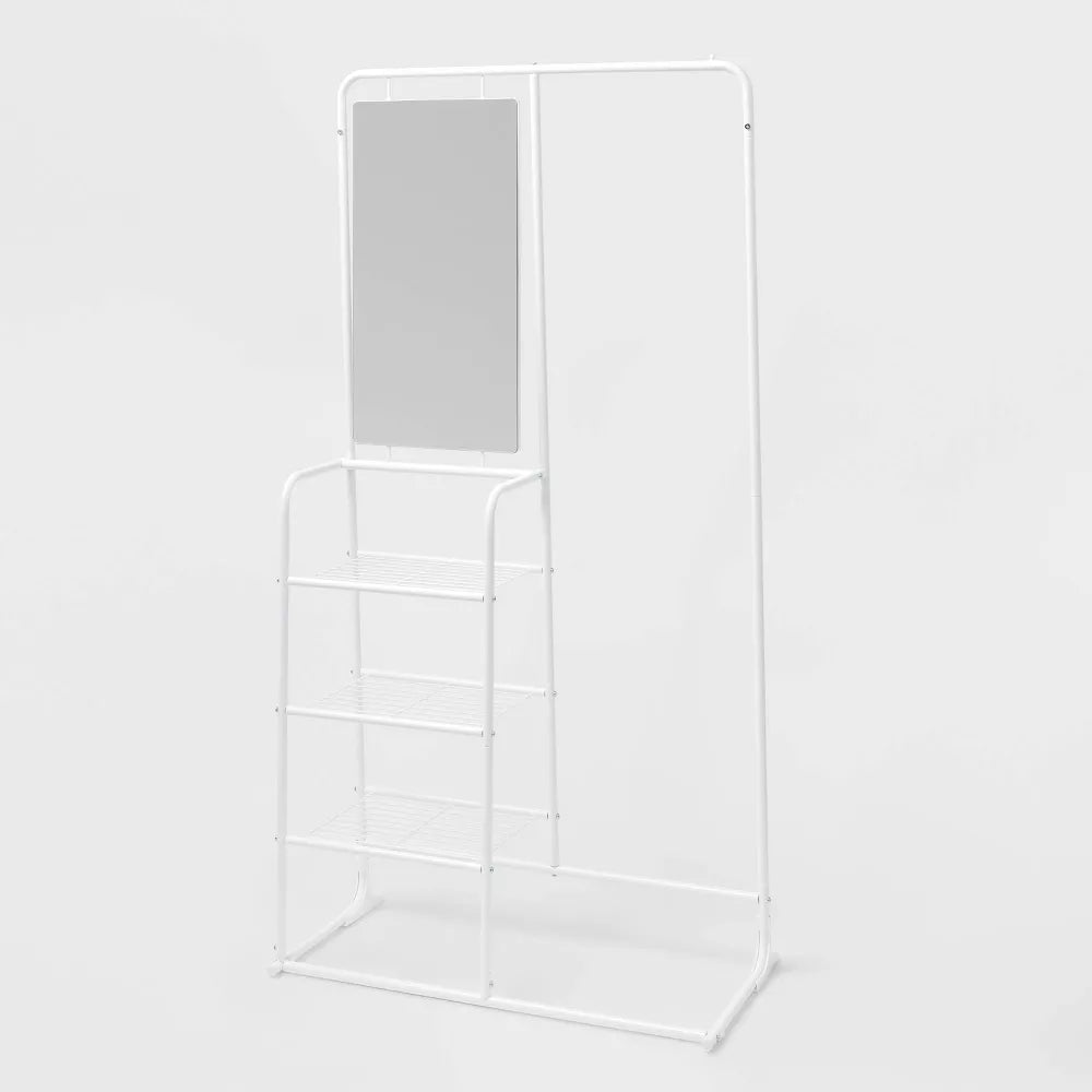 Metal Clothes Stand with Mirror and Storage Shelves